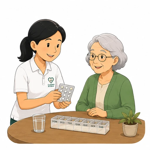 Cuidadora assessorando rotina de medicamentos