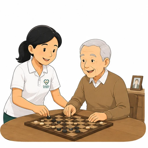 Cuidadora realizando recreação com jogos