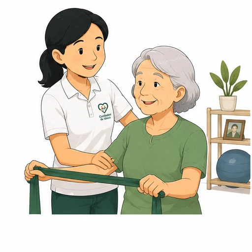 Cuidadora auxiliando exercício funcional